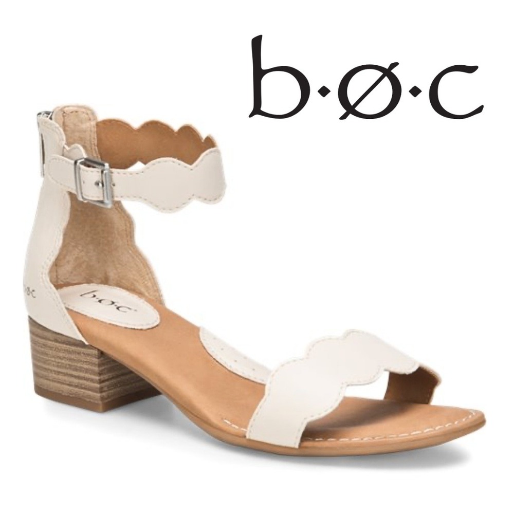 BOC by Born, Holly‎ White Scalloped Ankle Strap Block Heel Sandals Shoes Size 9
